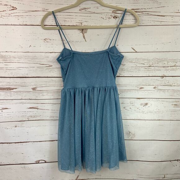 Windsor S Baby Blue Glitter Tulle Mesh Fit Flare Skater Ruched Short Mini Dress - Picture 6 of 8